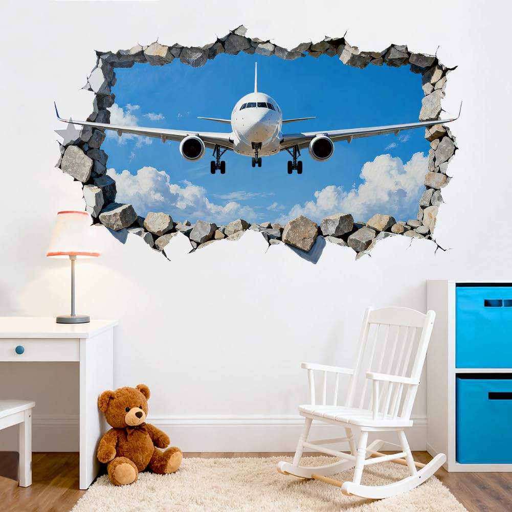 Peacoblue 3D Breaking Airplane Wall Stickers Decals Decor Removable Peel and Stick, 2 Sheets 30x 96CM Vinyl Wall Murals for Bedroom Living Sewing Room Bathroom Classroom