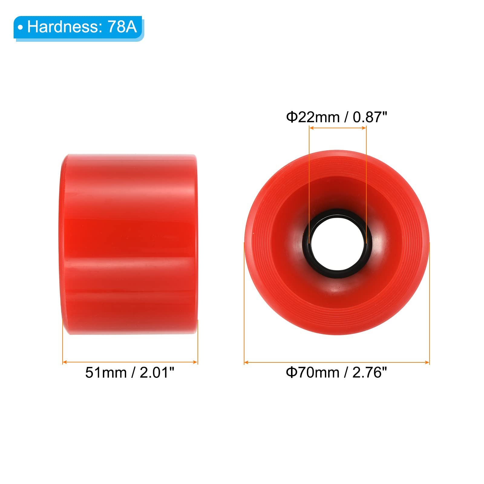 PATIKIL 70 mm 78 A Longboard Wheel, miękkie, 4-pak kółek cruiser, koła uliczne do deskorolek, zamiennik koła, PU, czerwone