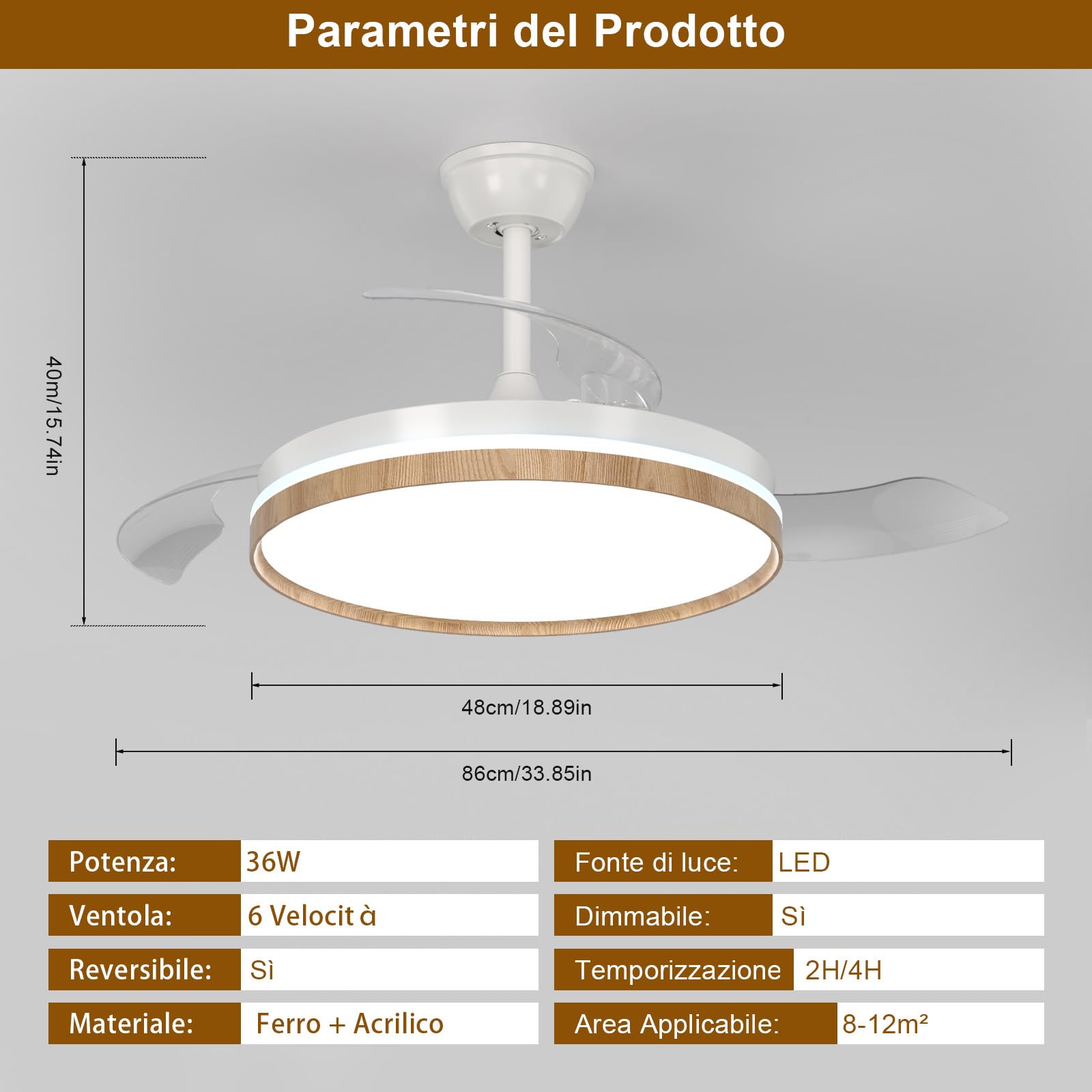 Ventilatore da Soffitto con Luce e Telecomando, 3 Pale Retrattili, Reversibile LED Lampada Ventilatore da Soffitto Dimmerabile, 6 Velocità, Silenzioso Motore DC per Camera da Letto, Soggiorno