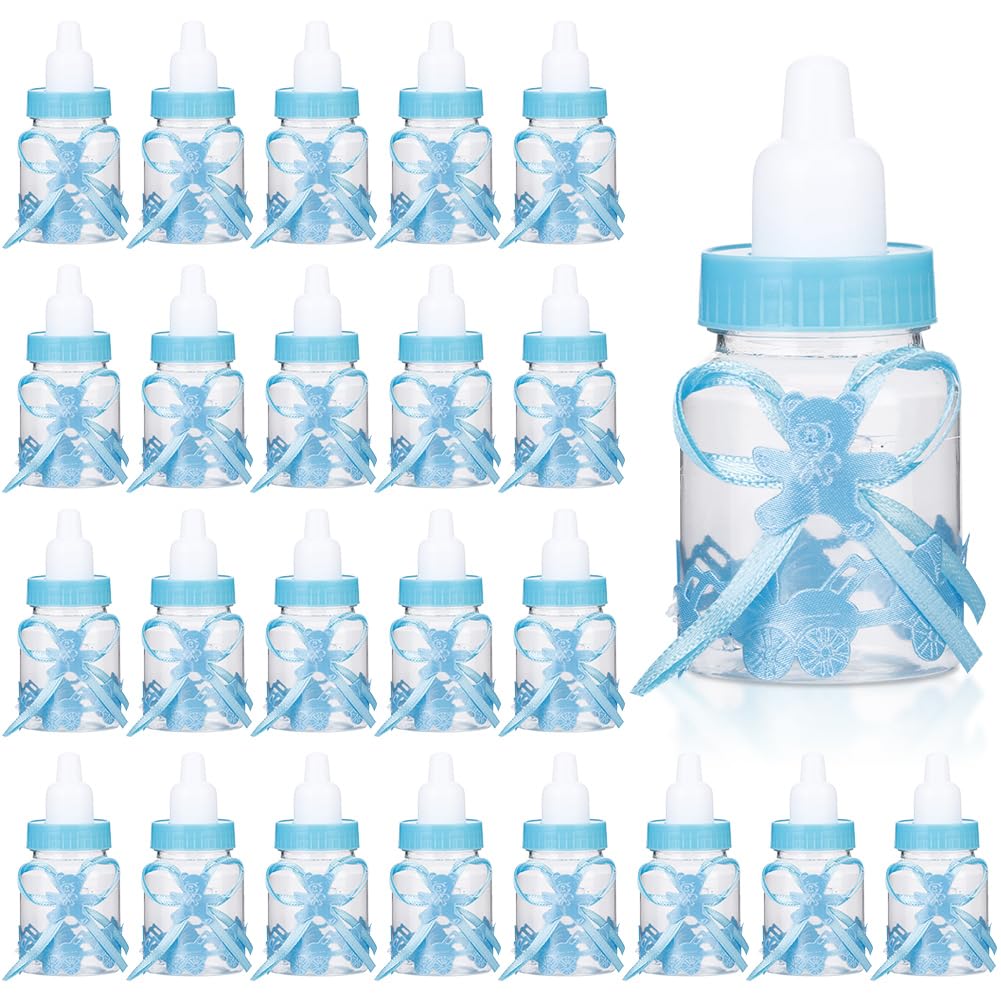 24 Pezzi Mini Scatola di Caramelle Forma di Biberon, Blu Mini Bottiglia di Caramelle Plastica per Neonato per Baby Shower Maschietto Bomboniera Battesimo