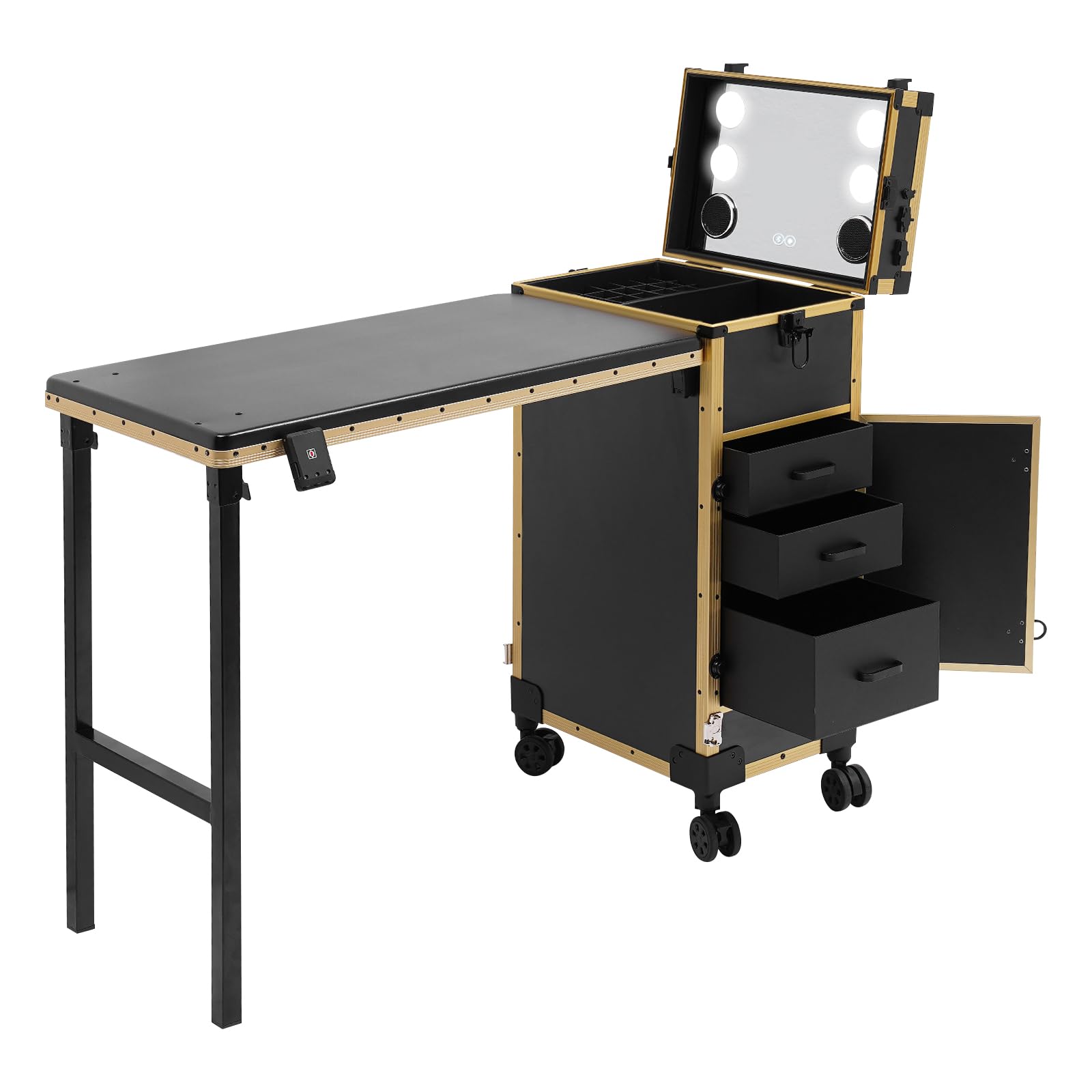 LYNICESHOP Lockable Rolling Makeup Case with LED Mirror, Foldable Vanity Table 3 Drawers, Travel Makeup Case for Mobile Nail Tech Artist Salon (Gold & Black)