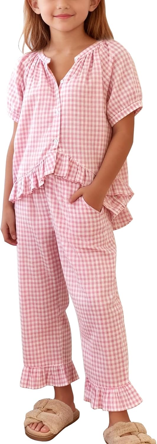 Flygo Girls Gingham 2 Piece Outfits Cotton Plaid Short Sleeve Button Down Peplum Top and Y2K Cute Ruffle Long Pants Sets