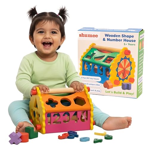 Shumee 6-in-1 Wooden House Shape Sorter Toys for Kids (1+yr) with Clock | Learn Numbers, Shapes, Colors & Time | Gift for 1 Year Old Boy & Girl | Numbers 0-9 & Easy Grip Shapes
