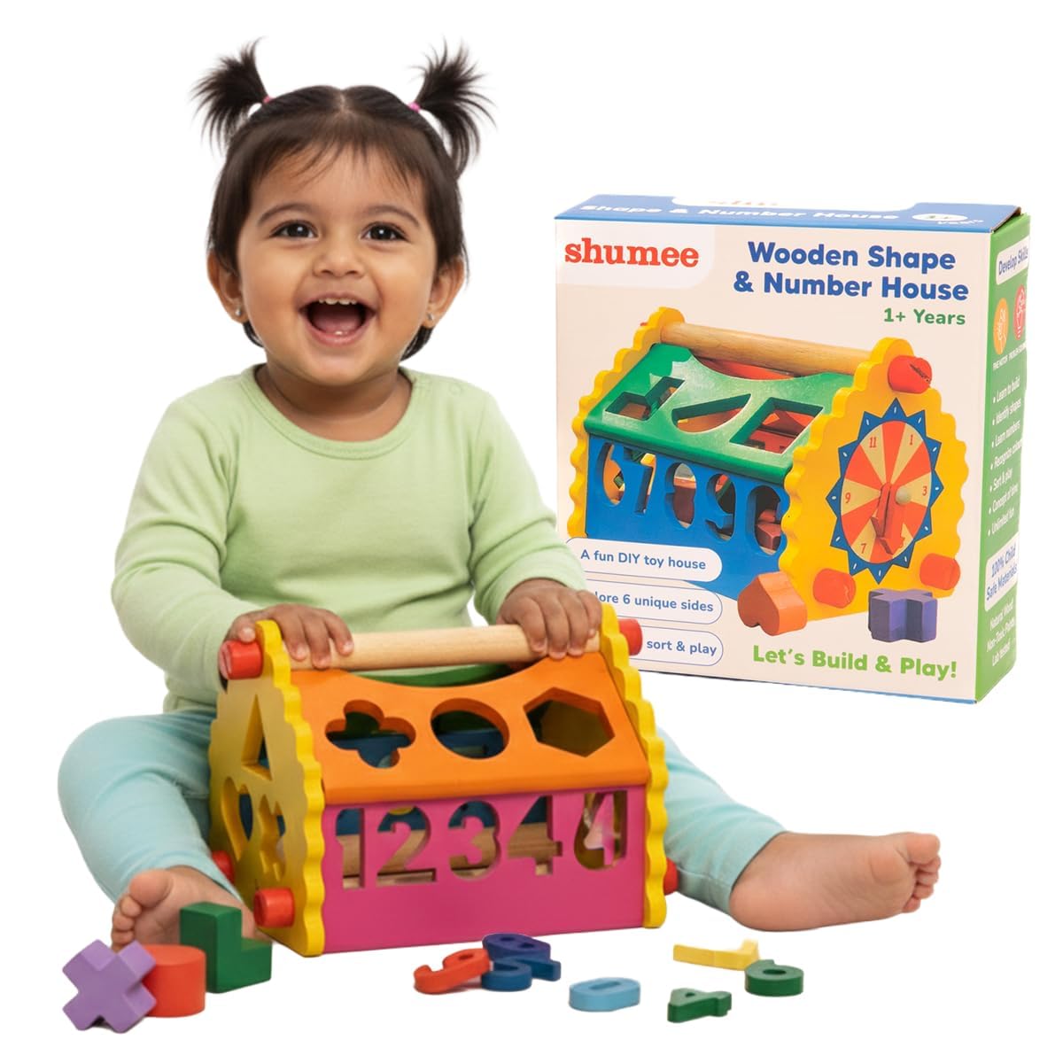 Shumee 3-in-1 Wooden Number & Shape Sorting House| Learn Colors, Shape