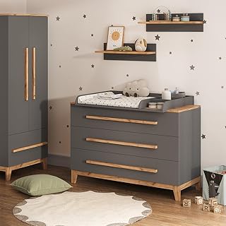 VitaliSpa Wickelkommode Malia, Grau/Artisan, 133.2 x 98 cm mit 3 Schubladen, mit abnehmbarem Wickelaufsatz zur Nutzung als Kommode