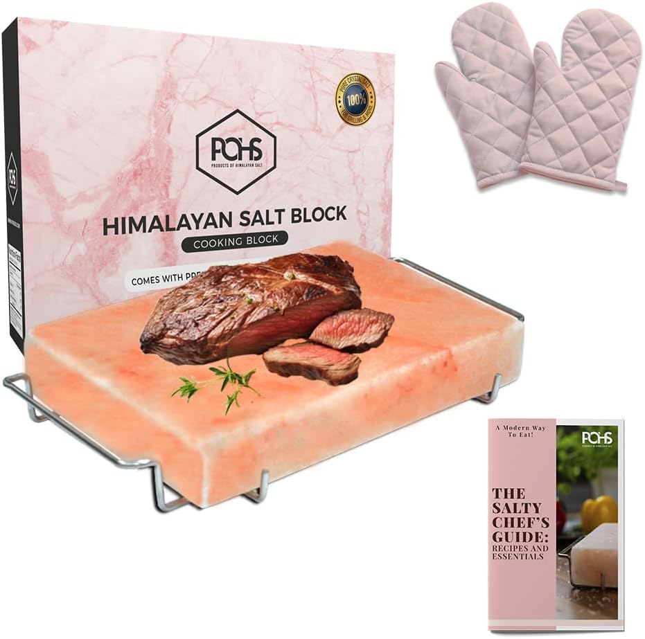 POHS Himalayan Salt Block for Grilling Baking Cooking BBQ Himalayan Salt Slab with Premium Quality Stainless Steel Holder 12x8x2 Inch