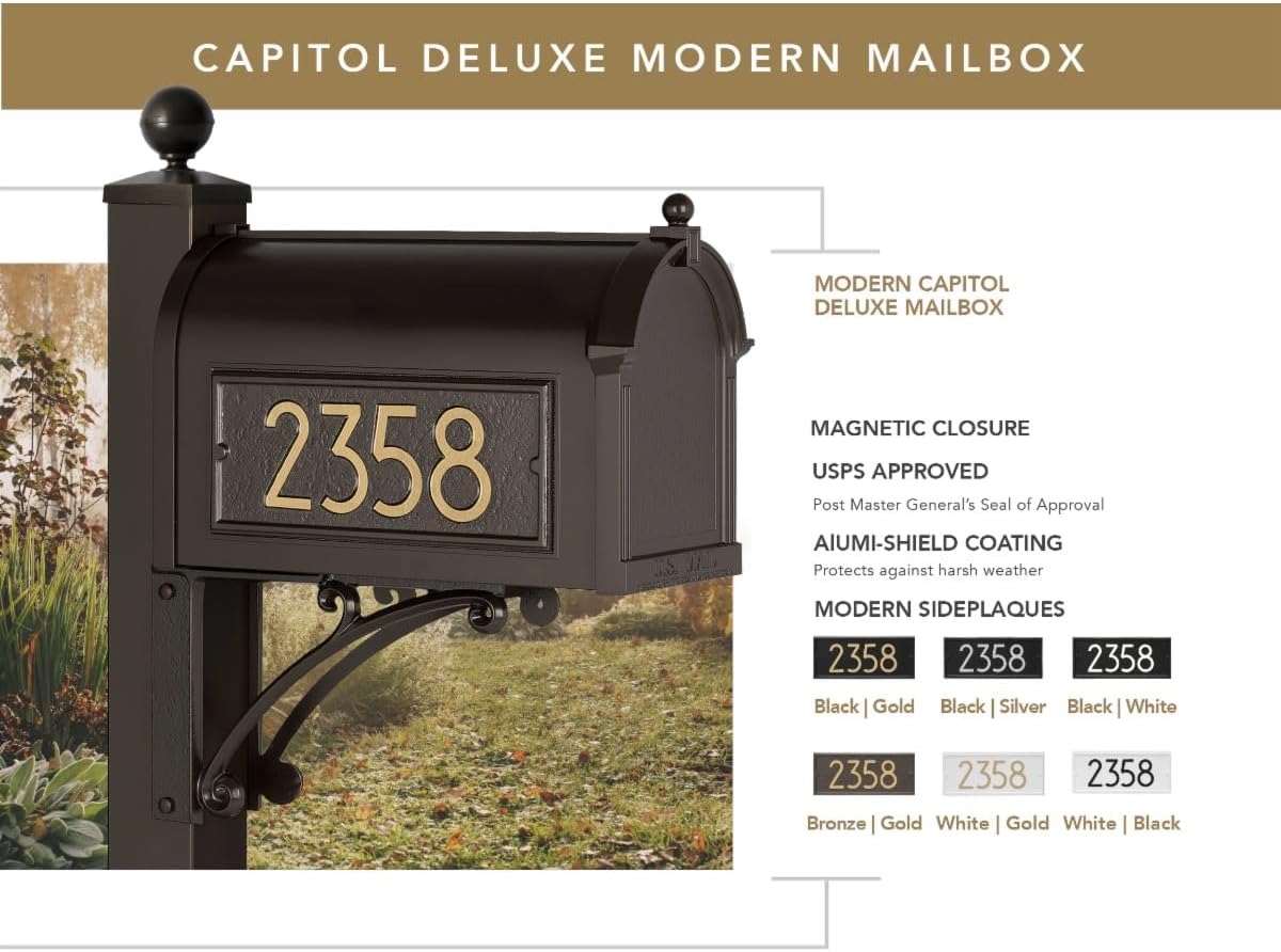Whitehall Custom Extra Large Mailbox, Capitol Model with Modern Style Address Plaques and Post Package, Sand Cast Aluminum, White Personalized in Black