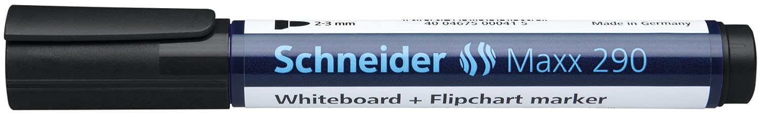Schneider Maxx 290 Whiteboard and Flipchart Marker, 2-3 mm, Black Barrel, Black Ink, Box of 10 Markers (129001)