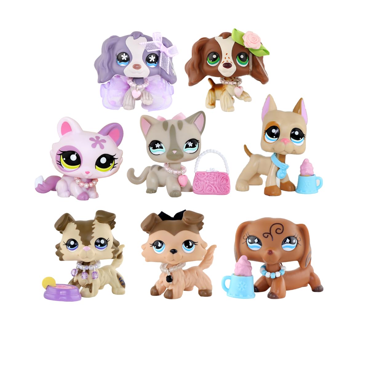 8pcs Rare Old Lps Pets Action Figure Collectable Pets Mini Pet Shop Small Little Pet Cocker Spaniel Dachshund Collie Great Dane Dog Shorthair Cat for Kids Gift