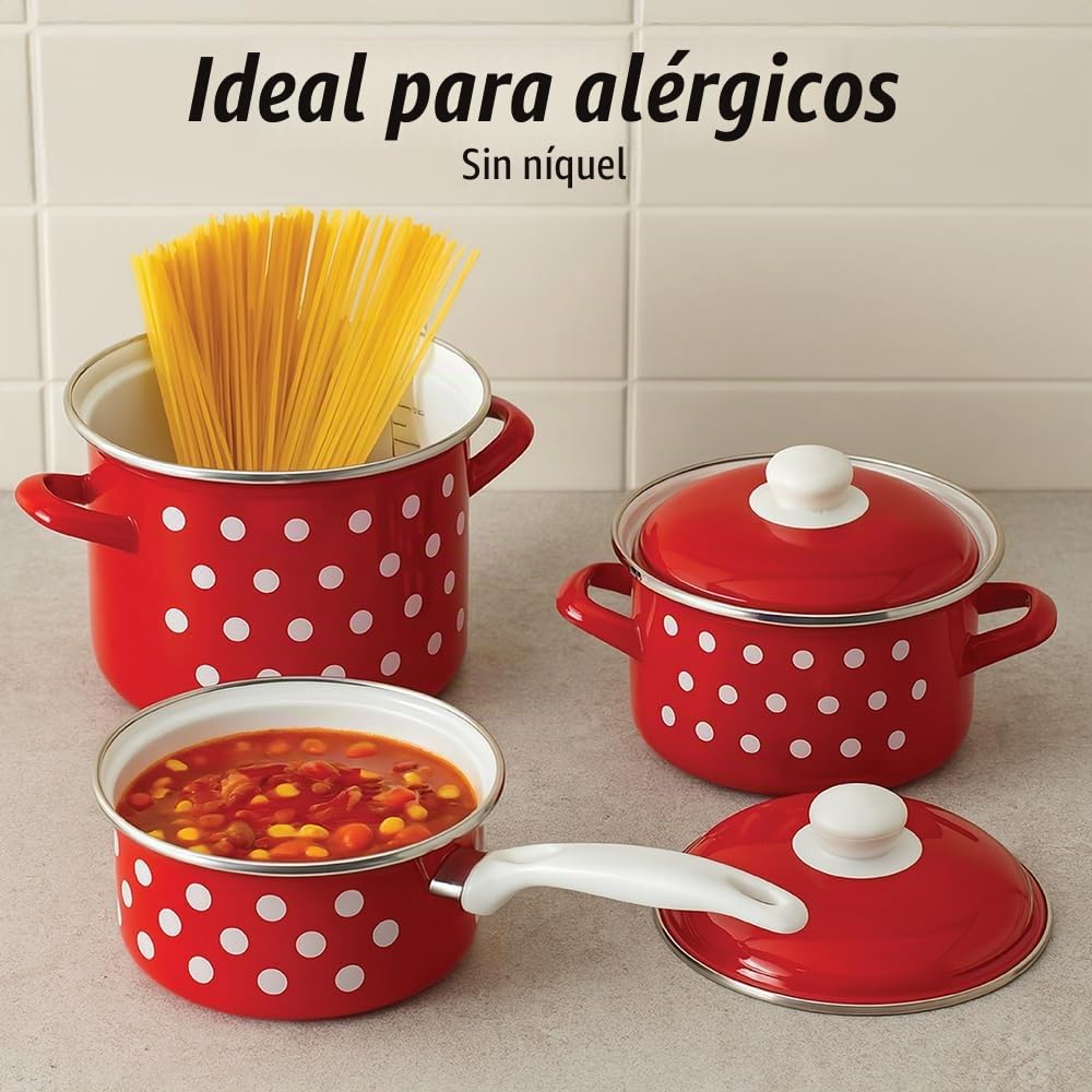 GSW Stahlwaren GmbH - Juego de Utensilios de Cocina esmaltados de 7 Piezas, Color Rojo, 30 x 30 x 30 cm