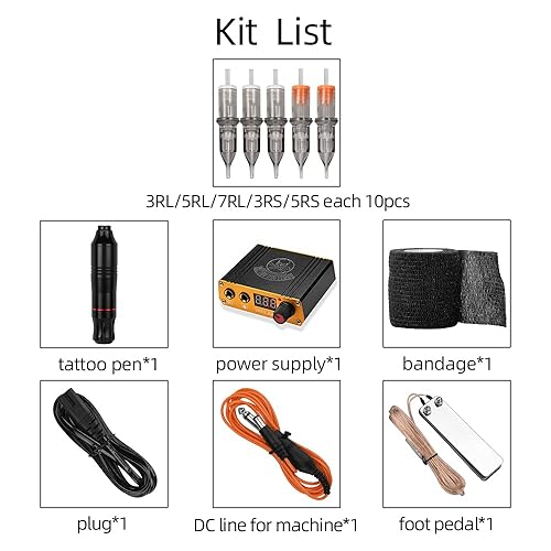 Miniatura 7 de Kit rotativo de máquina de tatuaje, ATOMUS tatuaje estilo pluma cartucho ametralladora Liner Shader con fuente de alimentación 50pcs mezclado RL RS