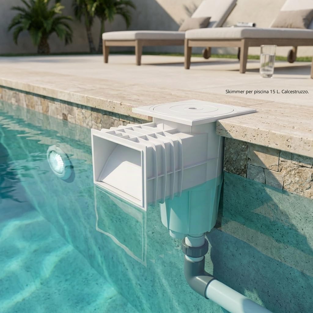 Skimmer Suinga da 15 litri di capacità con bocca standard e coperchio quadrato a pressione per piscine in cemento.