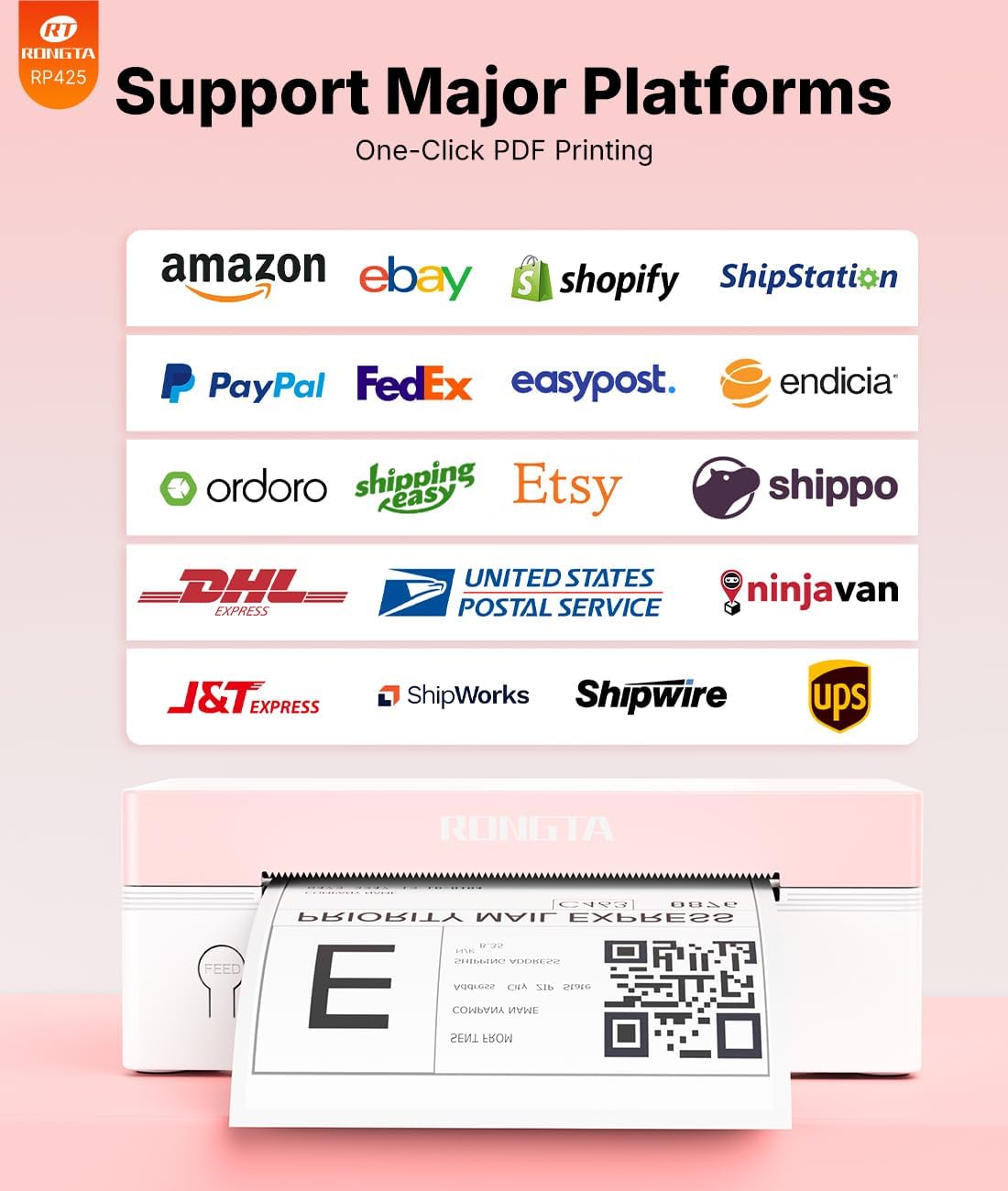 Rongta 4x6 Bluetooth Thermal Label Printer, Wireless Shipping Label Printers for Shipping Packages Small Business Office or Home, Compatible with iPhone Android iPad macOS Windows, Pink