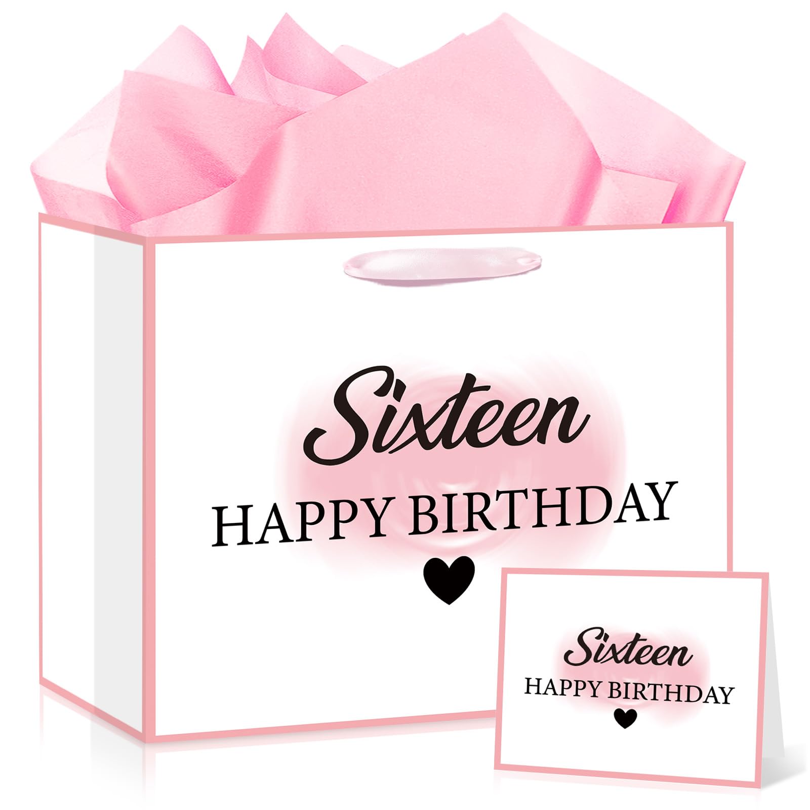 16th Birthday Gift Bag for Girls with Tissue Paper and Greeting Card, White Pink Sweet Sixteen Gift Bag 16 Year Old Wrapping Bag for Girls Daughter Granddaughter 16th Birthday Party Supplies