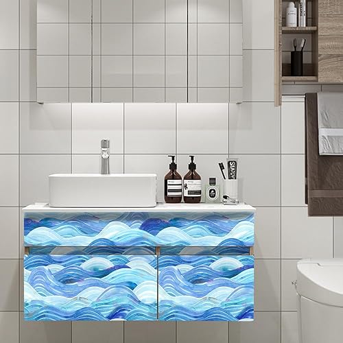 Miniatura 3 de Papel pintado a mano con ondas azules, listo para despegar y pegar, papel tapiz con ondas, autoadhesivo, moderno, extraíble, adecuado para sala de