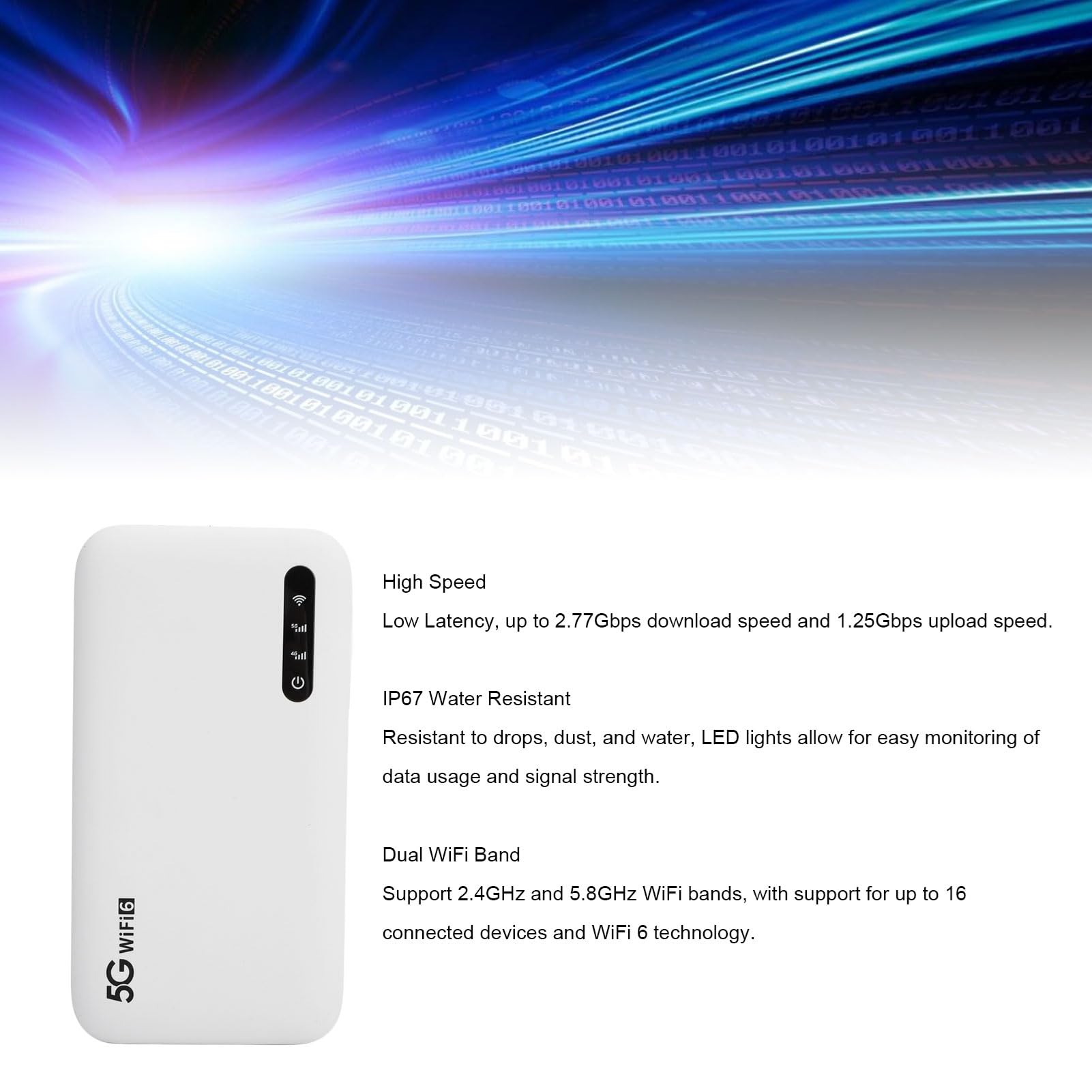 AUNMAS Router Hotspot Mobile 5G, Hotspot WiFi 6 Portatile ABS con Batteria da 6100mAh, Condivisione di 16 Dispositivi Dual Band, Resistente all'Acqua IP67 per Famiglie in Viaggio Lavoro Remoto