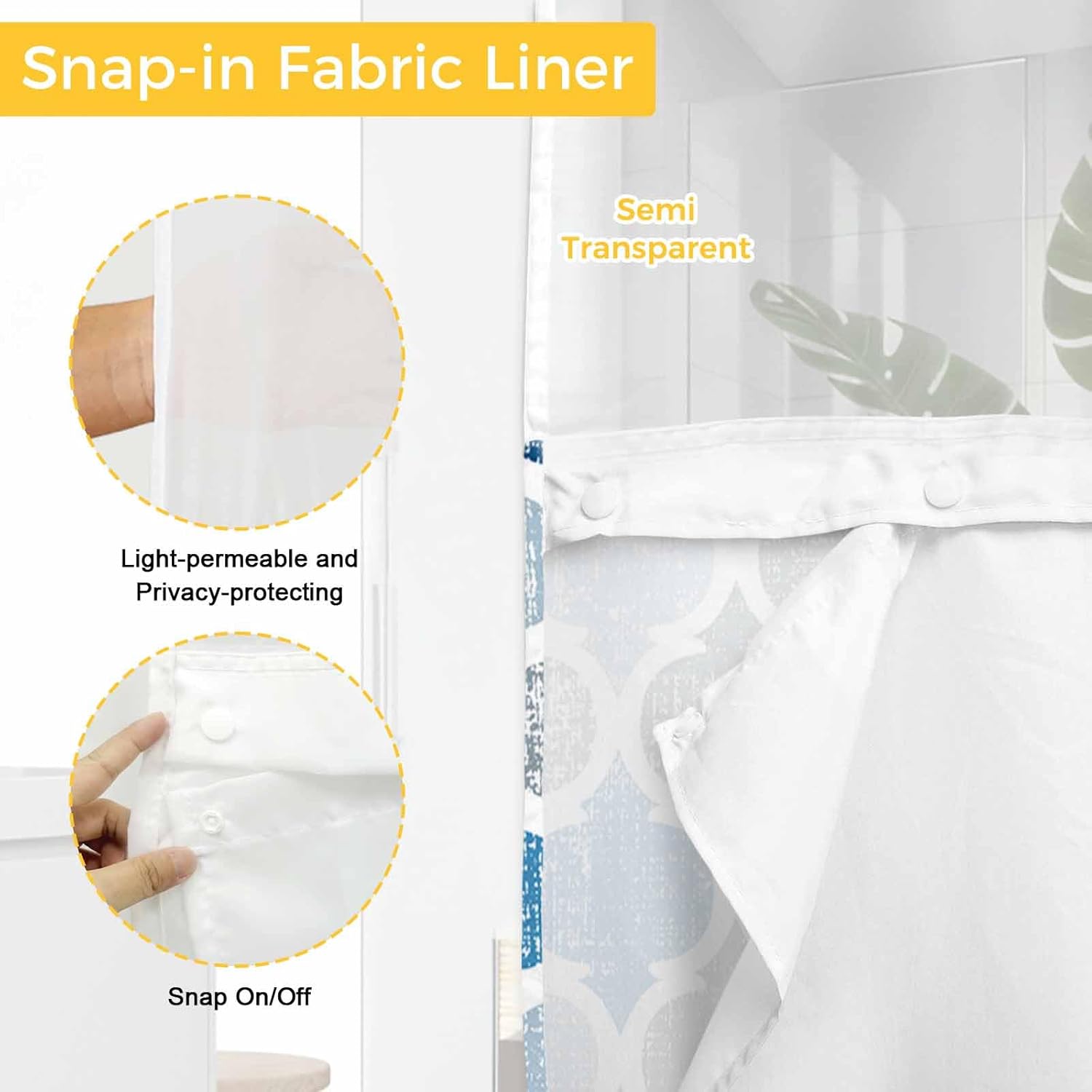 Blue Grey No Hook Shower Curtain and Liner Set Geometric Morocco Quatrefoil Lattice Snap in Shower Curtains Waterproof Bath Curtain with See Through Top Window Hotel Liner Set 36" x 78"