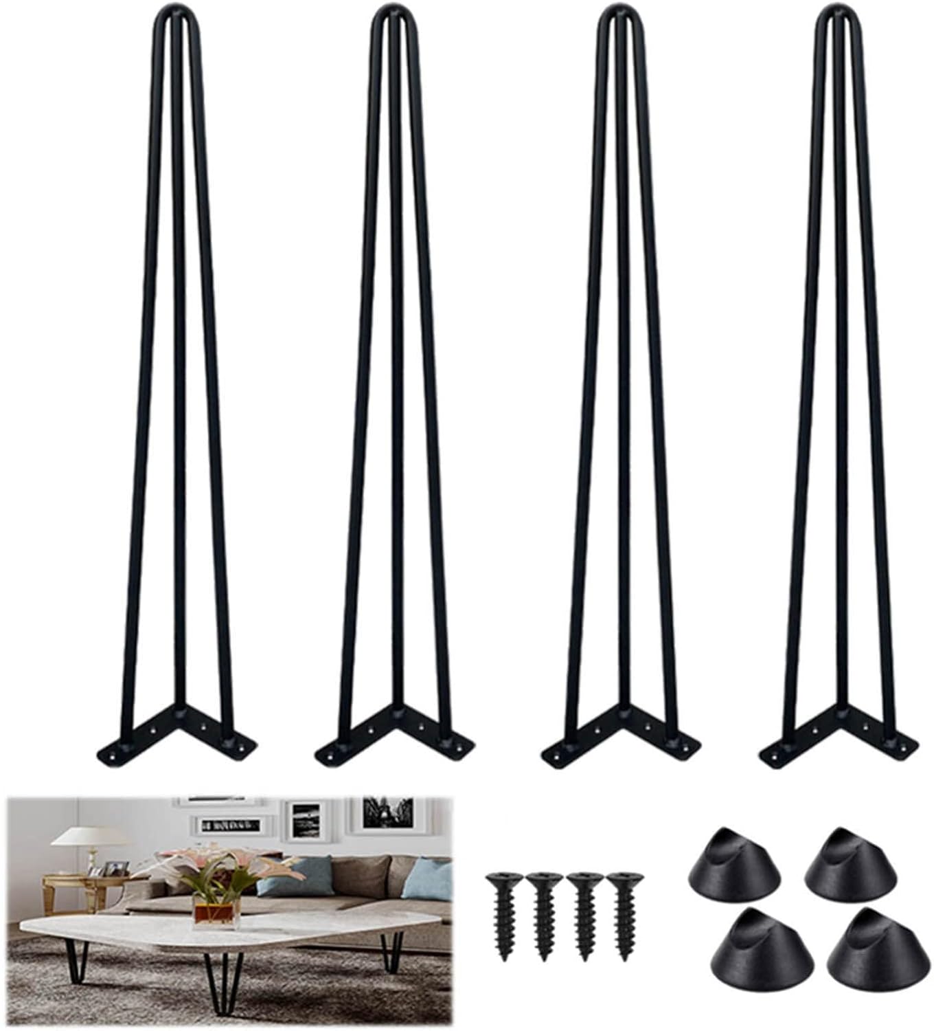 Hairpin Furniture Legs, Heavy Duty Metal Furniture Legs, Steel Hairpin Legs 3 Rod Table Legs, for Cabinet Bench Chair Coffee Table Desk Black Set of 4(Color:Black,Size:20cm(7.87in))