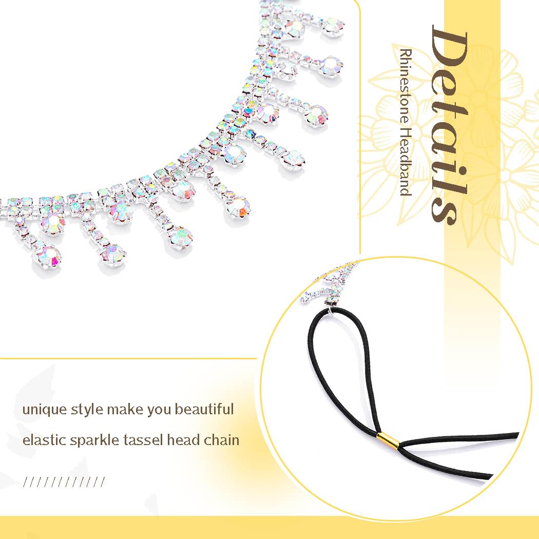 Yokawe Silver Rhinestone Headband Head Chain Jewelry Elastic Boho Sparkle Tassel Headpiece for Women image 5