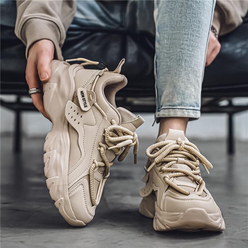 White Retro Non-Slip Sneakers - Men's Thick-Sole Casual Shoes，Youth, Breathable Fabric Upper Running Shoes4