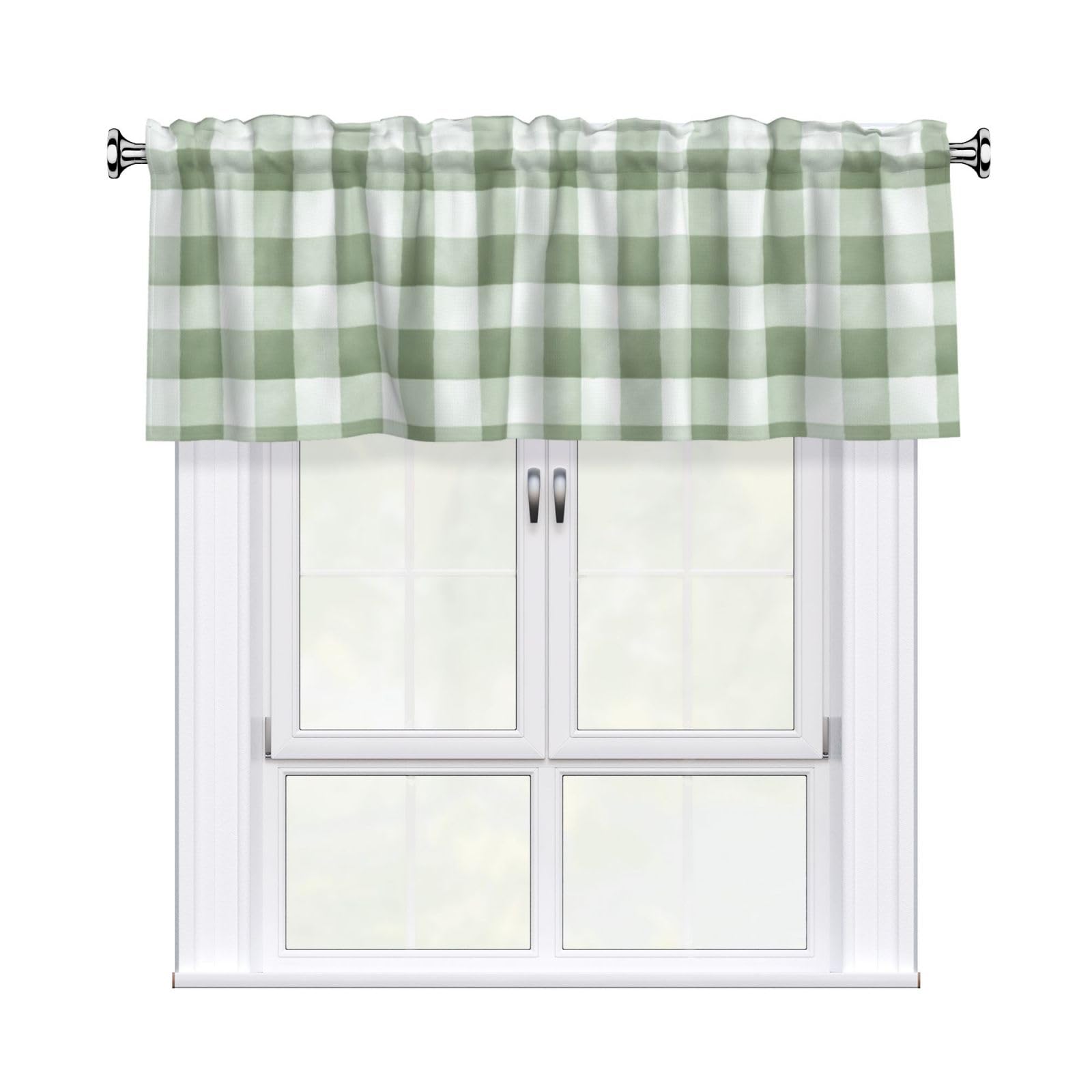 Woshuwo Watercolor Checkered Pattern Sage Green White Valances For Windows Rod Pocket Window Treatment Short Curtains For Kitchen Living Room Bedroom Decor 54x18in