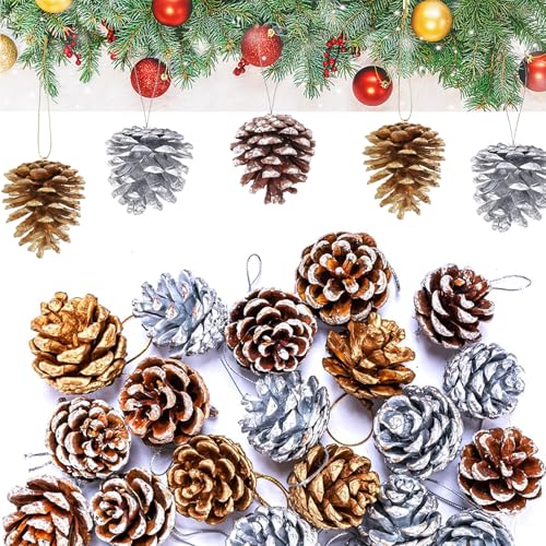 18 Pcs Christmas Pine Cones,Natural Hanging Snow Pinecones with string Crafts for Garland Xmas Tree Baubles Wreath Gift Tag Hanging Ornaments