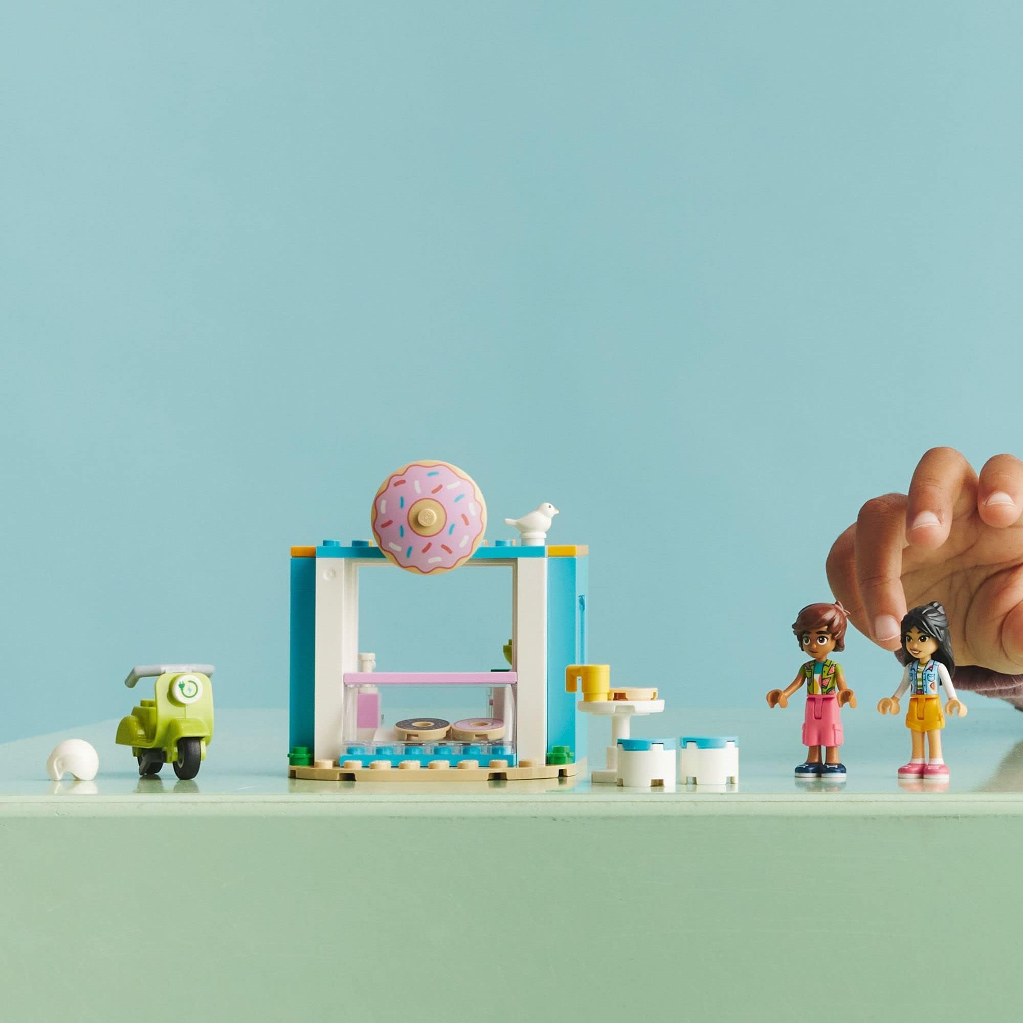 LEGO 41723 Friends Doughnut Shop Cafe Playset, Small Gift Toys for Girls and Boys 4 Plus Years Old with Liann and Leo Mini-Dolls and Toy Scooter, 2023 Series Characters