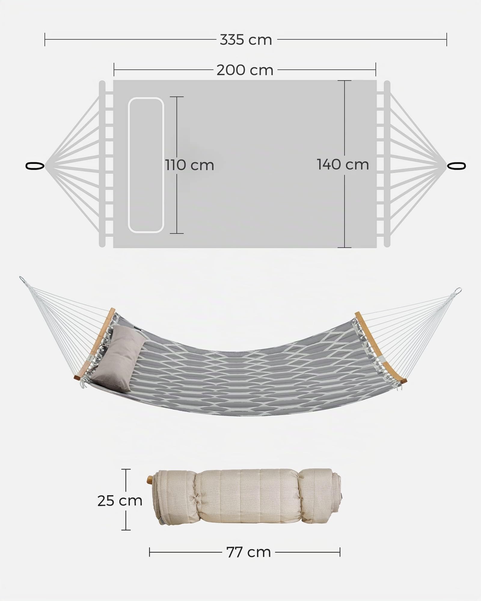 SONGMICS Hängematte, gepolstert, gesteppt, mit teilbaren gebogenen Bambusstangen, mit Kopfstütze, 200 x 140 cm, bis 225 kg belastbar, graue und beige Rauten GDC034G02
