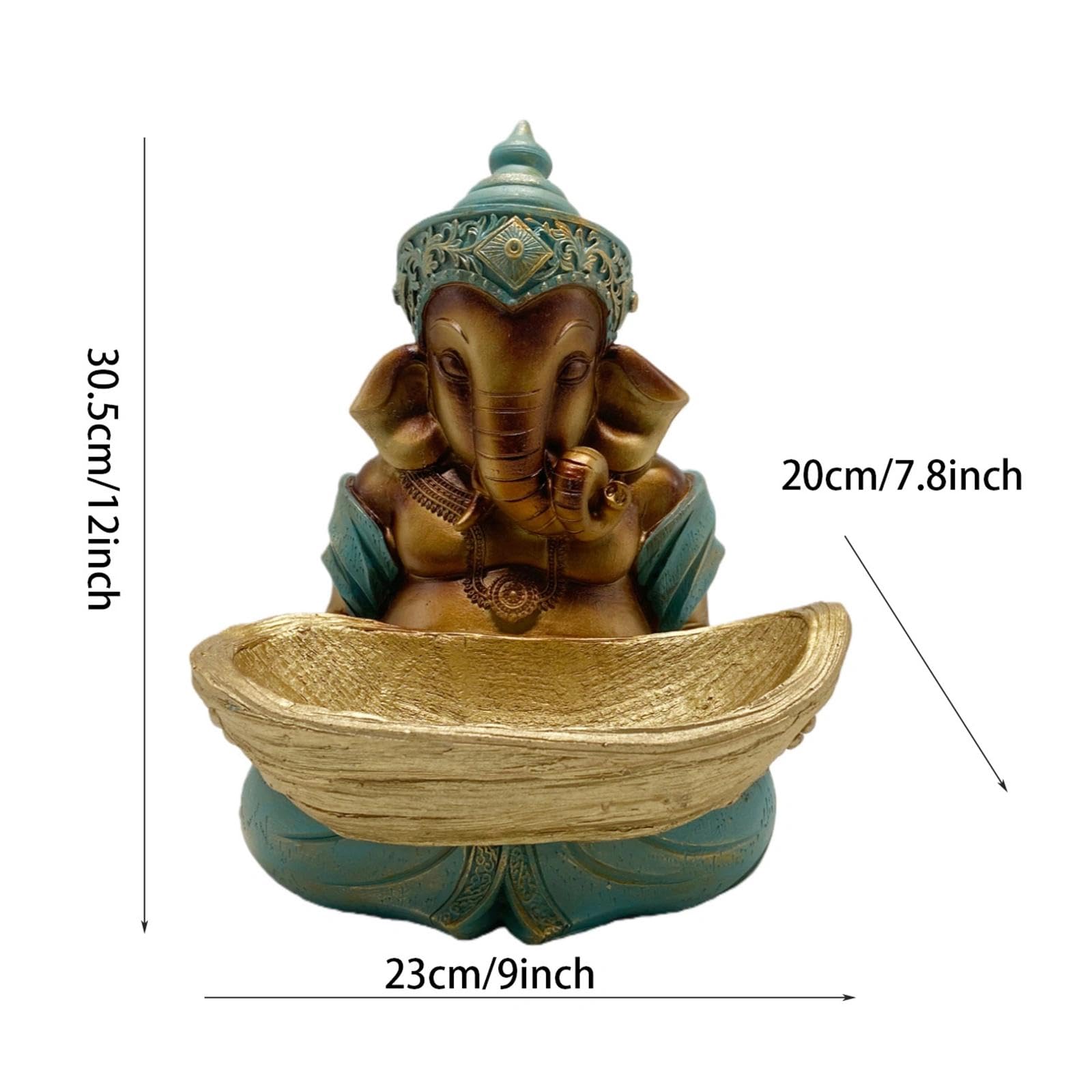 Figurka Ganesha z żywicy z świecznikiem, 32 cm, figurka religijna - ręcznie malowana indyjska dekoracja jako dekoracja stołu i medytacji, figurka boga słonia