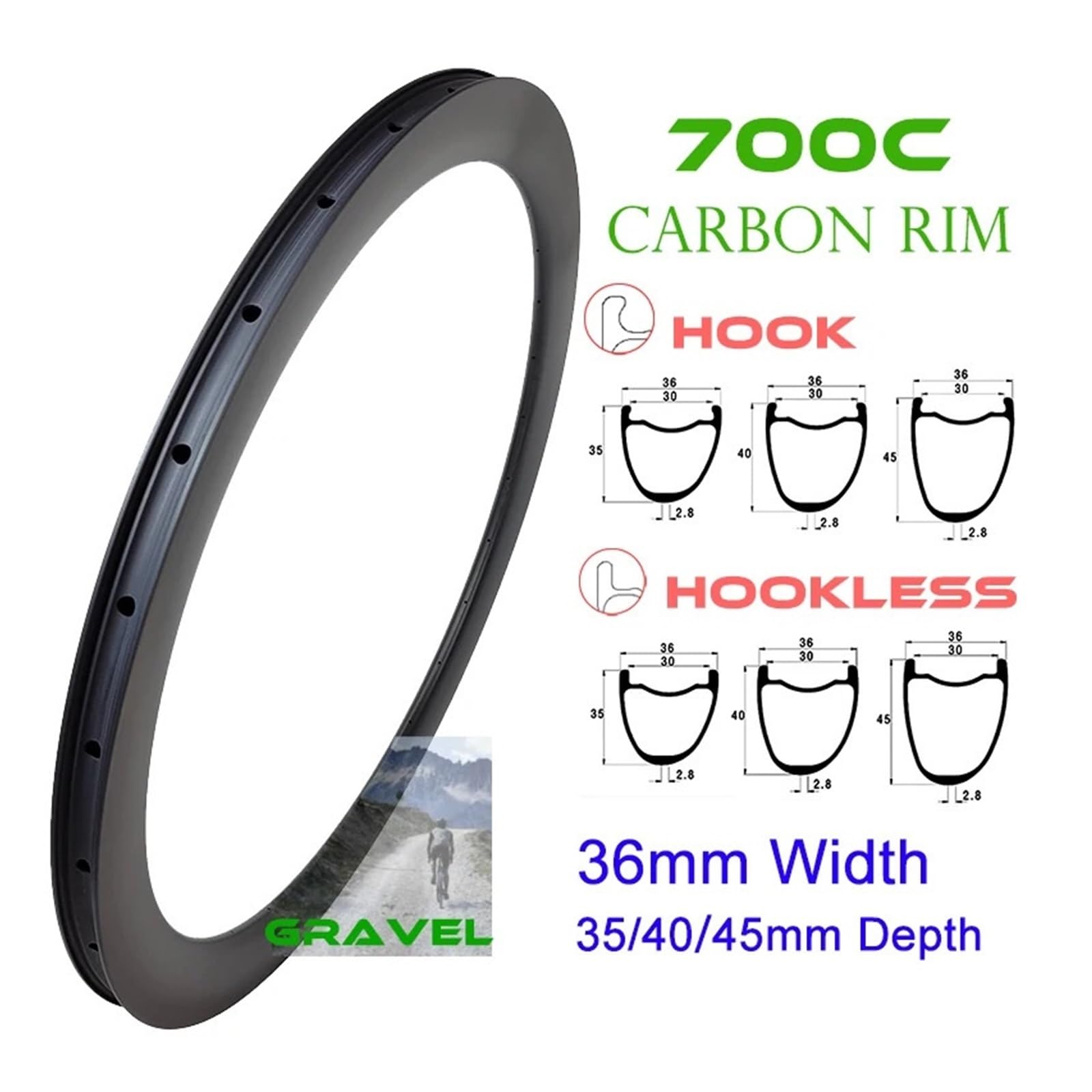 Felgi rowerowe z włókna węglowego do rowerów żwirowych 700c, szerokość 36 mm, 35 mm, 40 mm, głębokość 45 mm, 20 H, 21H, 24H, 28H, 32H, osłona, bezdętkowa, UD, z