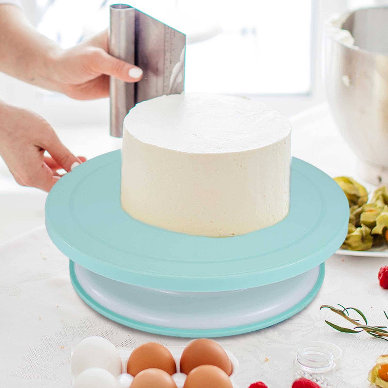Drehteller zum Dekorieren von Kuchen – Ständer für Kuchendekoration in Lebensmittelqualität, sanfte, geräuschlose Drehung, Set mit Backzubehör, einschließlich 1 Spatel, 3 Zuckergus