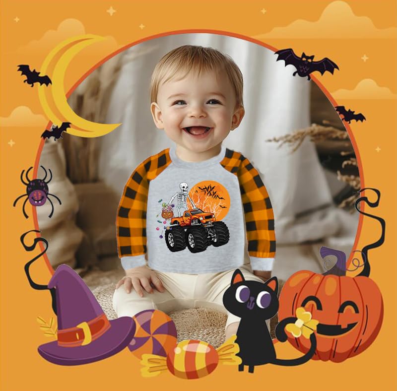 Boys Girls Halloween Shirts Pumpkin Truck Tees Ghost Jack-o '-Lantern Long Sleeve Monster Truck Skeleton T-Shirt 1-7T3