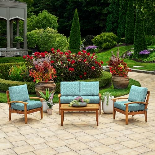 Image of Arden Outdoor Plush Modern Tufted Blowfill Deep Seat Set, 24 x 24, Rain-Proof, Fade Resistant, Deep Seat Bottom and Back Cushion, Turquoise Daphne Medallion