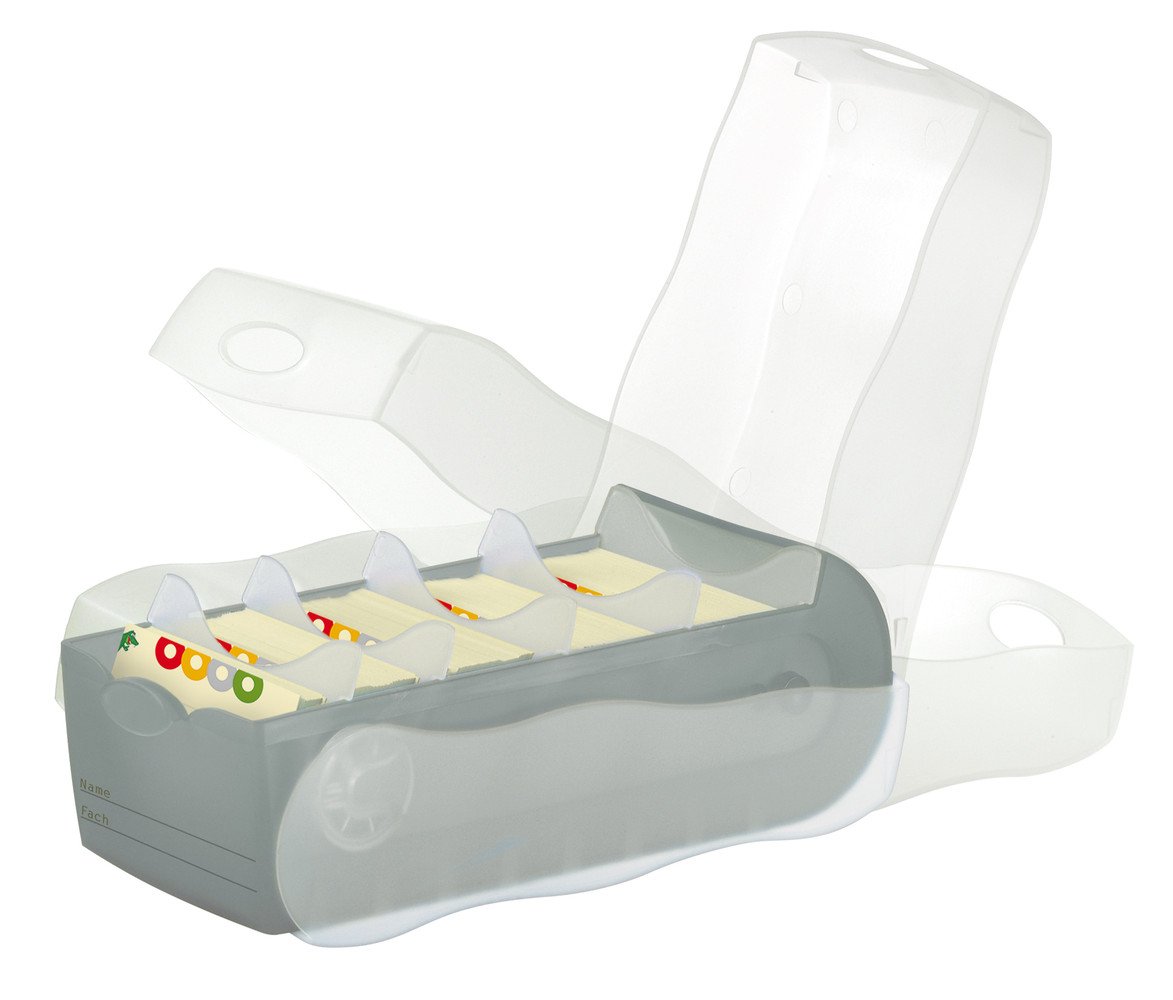 HAN 997 Karteibox CROCO DIN A7 quer mit 5 Stützplatten und 100 Karten (transluzent-grau, 3 Boxen Spar-Set)