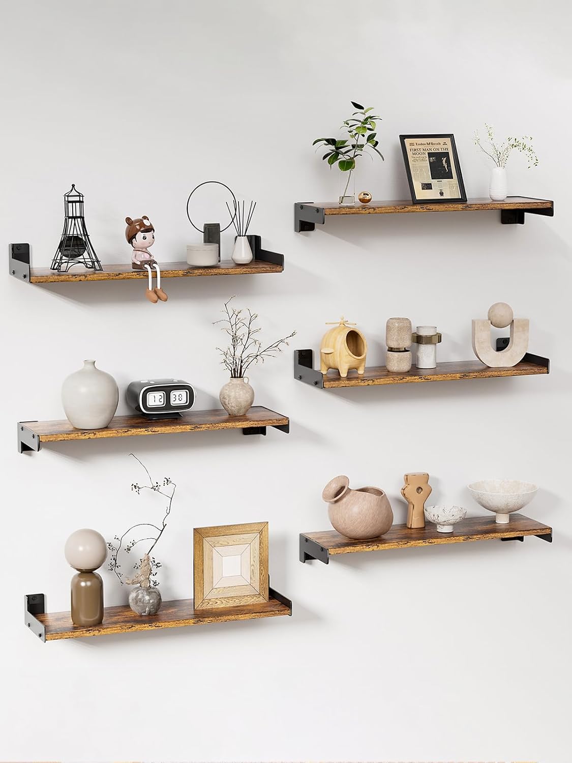 Floating Shelves for Wall, Shelves for Decor Storage Set of 6, Wall Mounted Wood Shelf for Bedroom, Living Room, Bathroom, Kitchen,Long Picture Ledge Shelves.(Black)