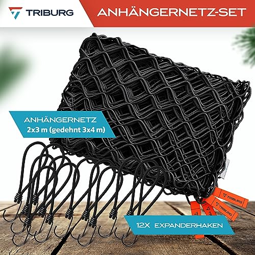Red de Remolque TRIBURG Extensible de 2x3 m a 3x4 m Incl. 12 Ganchos de expansión - Red de Remolque elástica con Marcas en Las Esquinas y Cuerda de Goma