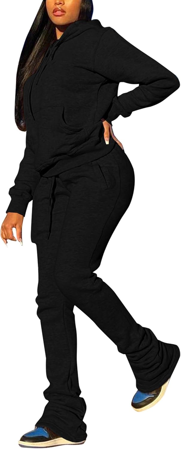 Women's Sweatsuits Sets 2 Piece Outfits Drawstring Hoodies Stacked Jogger Sweatpants Tracksuits Casual Set