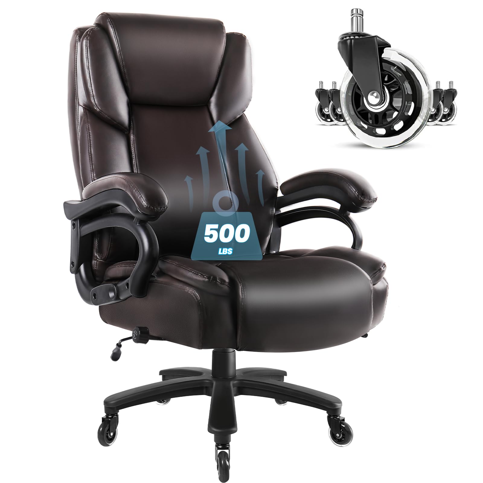 Big and Tall Office Chair 500lbs, High Back Extra Wide Leather Office Executive Chair for Heavy People, Ergonomic Thick Padded Heavy Duty Office Chair