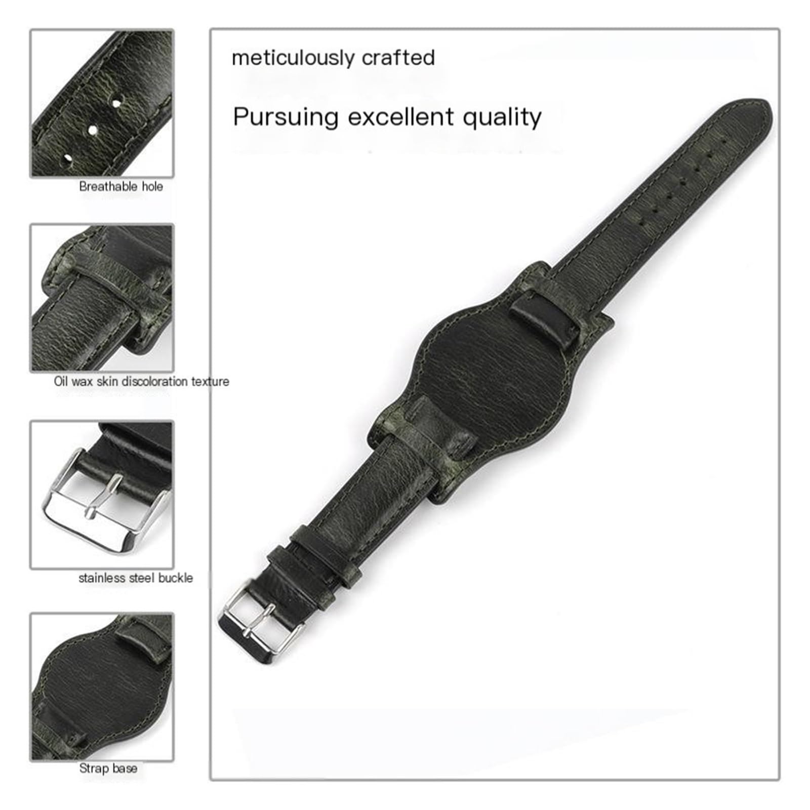Bracelet de montre avec plateau en cuir ciré à l'huile Couche supérieure en cuir de vachette 20 mm 22 mm Bracelet de rechange universel