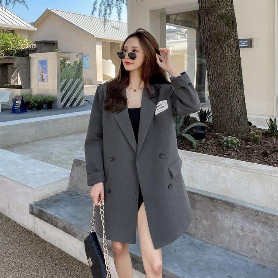 SUYGGCK Blazer Femmes All-Match Fashion Mid-Longer Blazer Tempièce De Tempérament-Gray,S