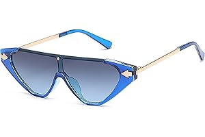 Fashion Cat Eye Flat Top One Piece Lens Full Frame Women Sunglasses in Blue-Blue