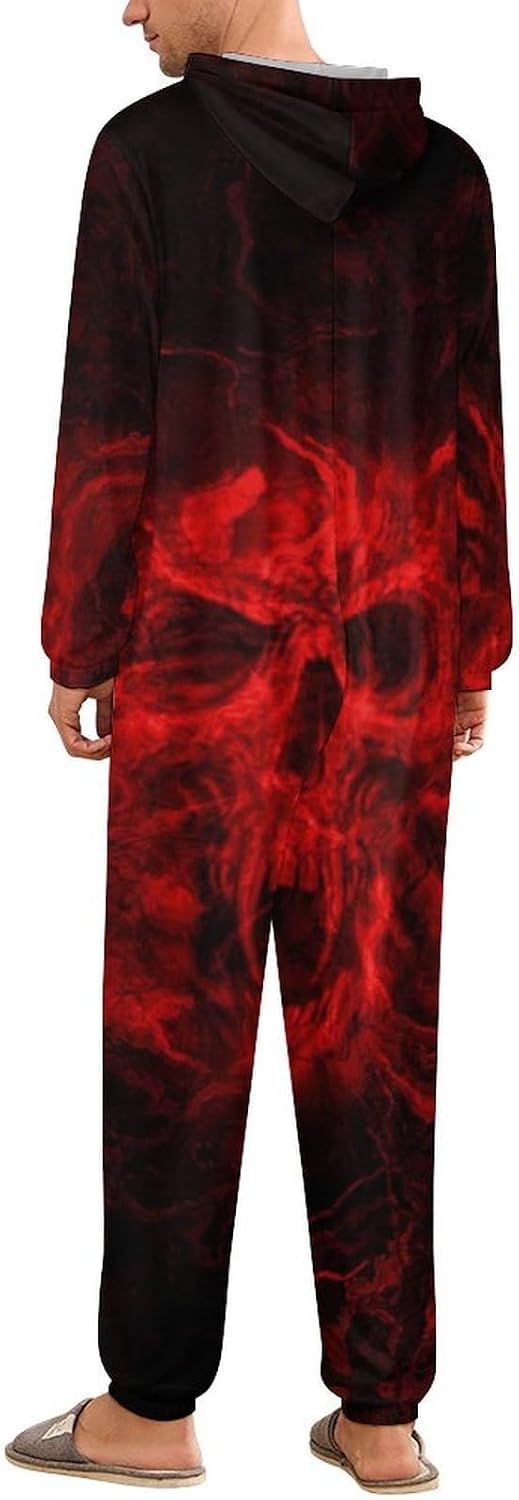Red Flame Skull Adult Pajamas Onesie with Hood Pocket Jumpsuits One Piece Sleepwear