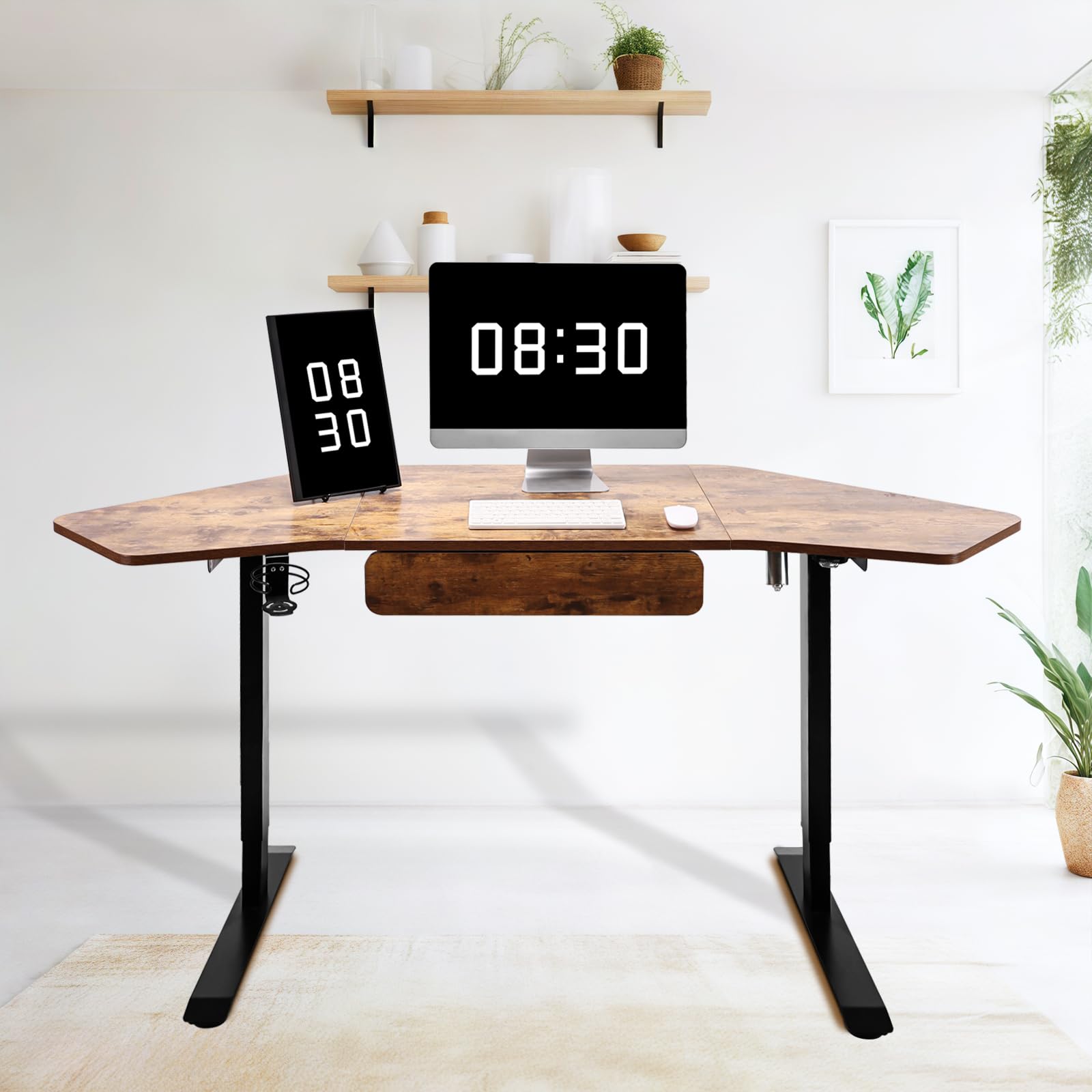 Fromann L-shaped standing desk showing minimum and maximum height, and 180 lbs weight capacity