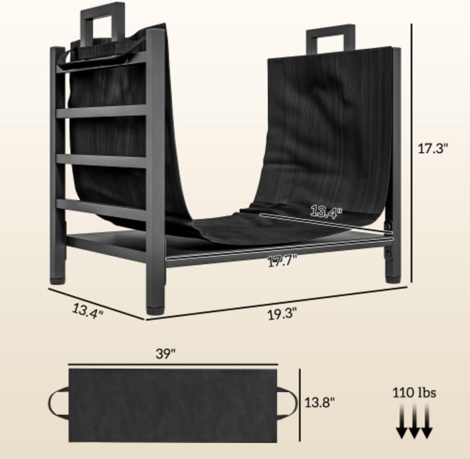 Wood Rack, Firewood Rack, Removable Log Bracket, Heavy Duty Log Bracket with Handles, Wood Storage Rack for Indoor and Outdoor Fireplaces, 19.3" X 13.4" X 17.3", Black