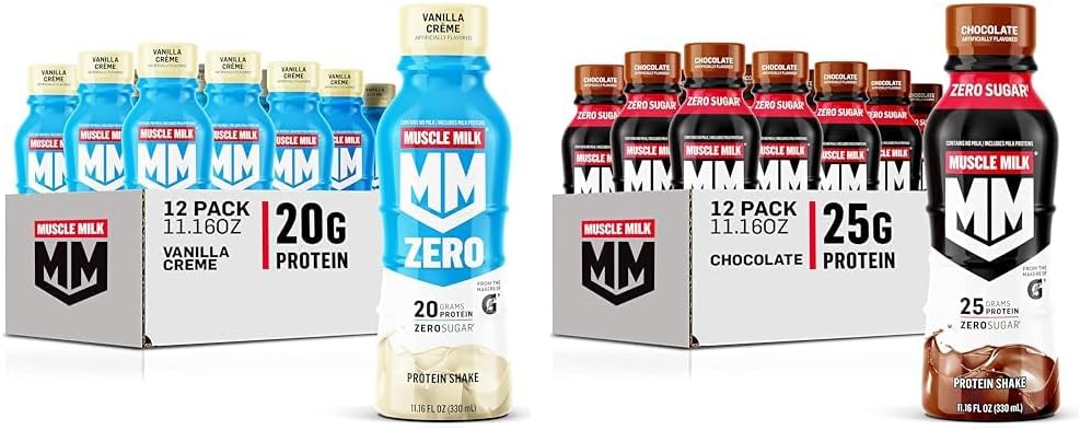 Muscle Milk Zero Protein Shake, Vanilla Crème, 20g Protein, Zero Sugar, 100 Calories, Calcium & Genuine Protein Shake, Chocolate, 25g Protein, 11.16 Fl Oz (Pack of 12)