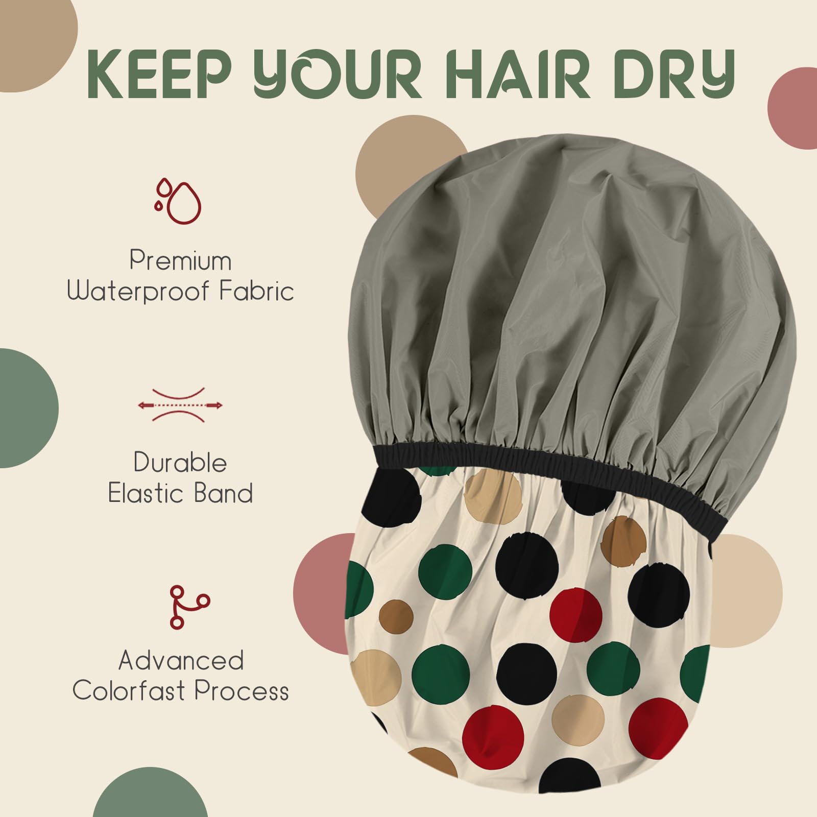 Years calm Bonnet de douche de luxe pour femme réutilisable et imperméable – Bonnet de bain double couche à pois avec élastique réglable pour tresses et cheveux longs, confortable et élégant