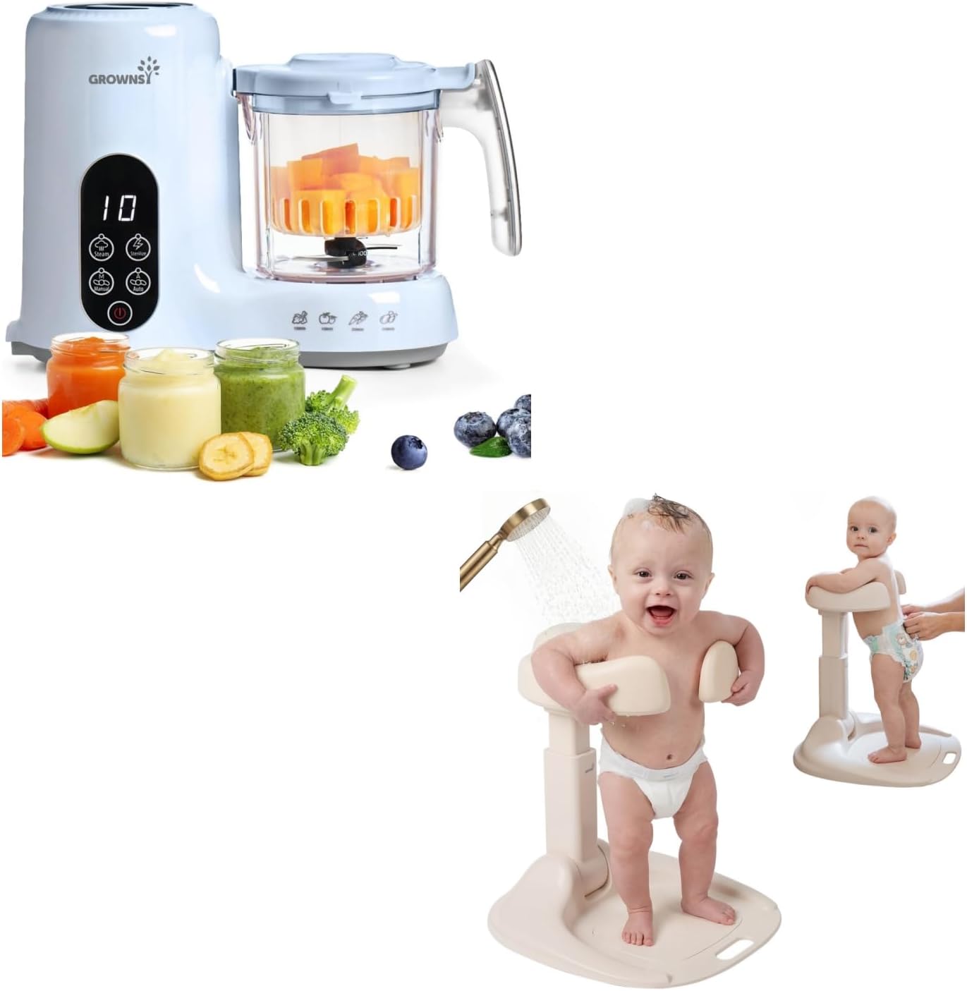 Grownsy Baby Food Maker with Steam Basket (Blue) & Baby Bath Stand for Infants and Toddlers (6-36 Months)