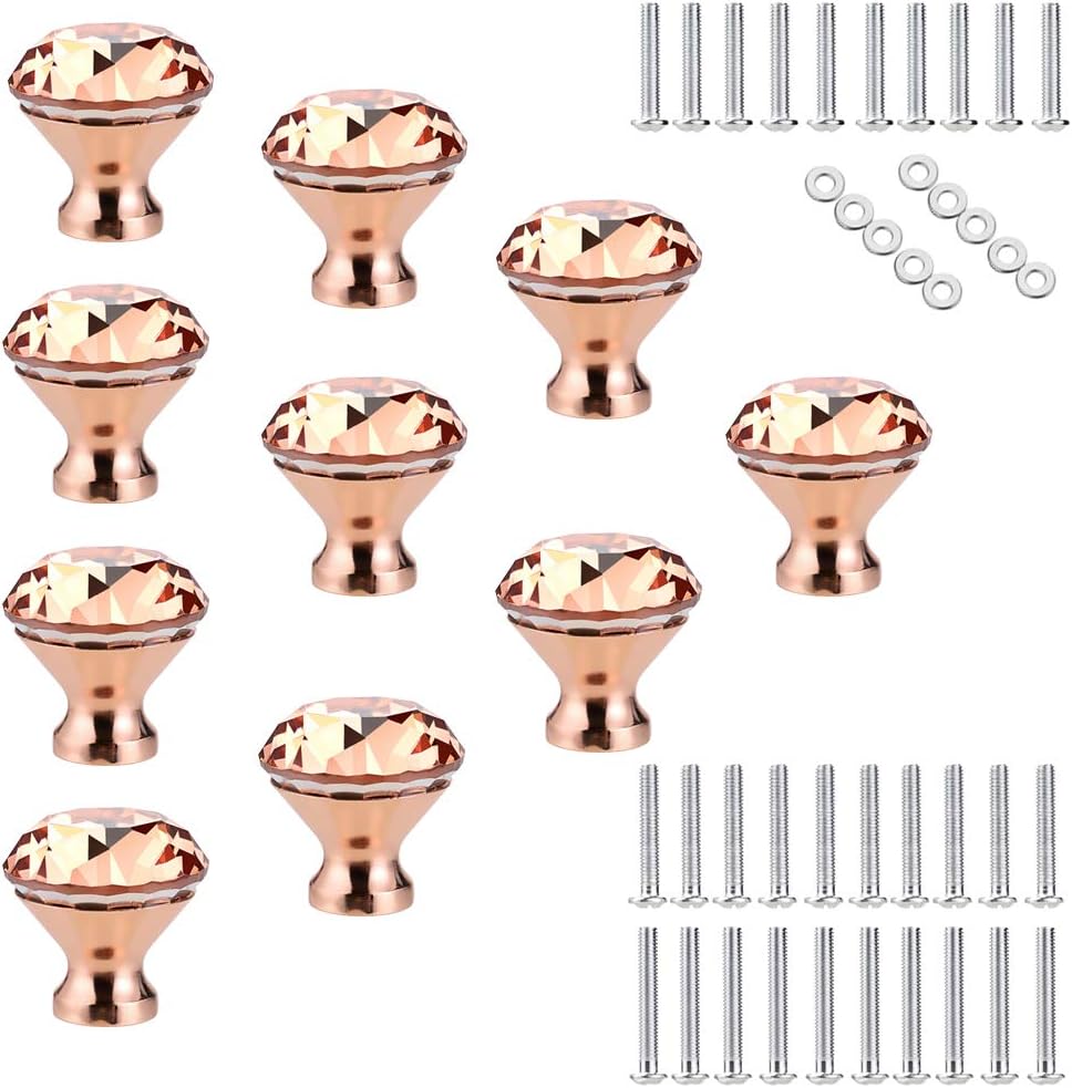 Sumnacon10 Pcs 1.2Inch Clear Crystal Glass Door Knobs - Diamond Wardrobe Doorknob/Crystal Glass Drawer Knobs/Cabinet Cupboard Handle Pull Knobs/Door Pull Handle with 3 Kinds Screws, Rose Gold
