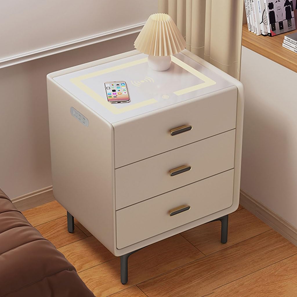BHGFYXBS Nightstand With Charging Station,3-Tier Side Table With Drawer,Bedside Table End Table,For Bedroom,Home Office,Light Gray-48Cm/18.9In,Champagne-38Cm/15In,Champagne-38cm/15in