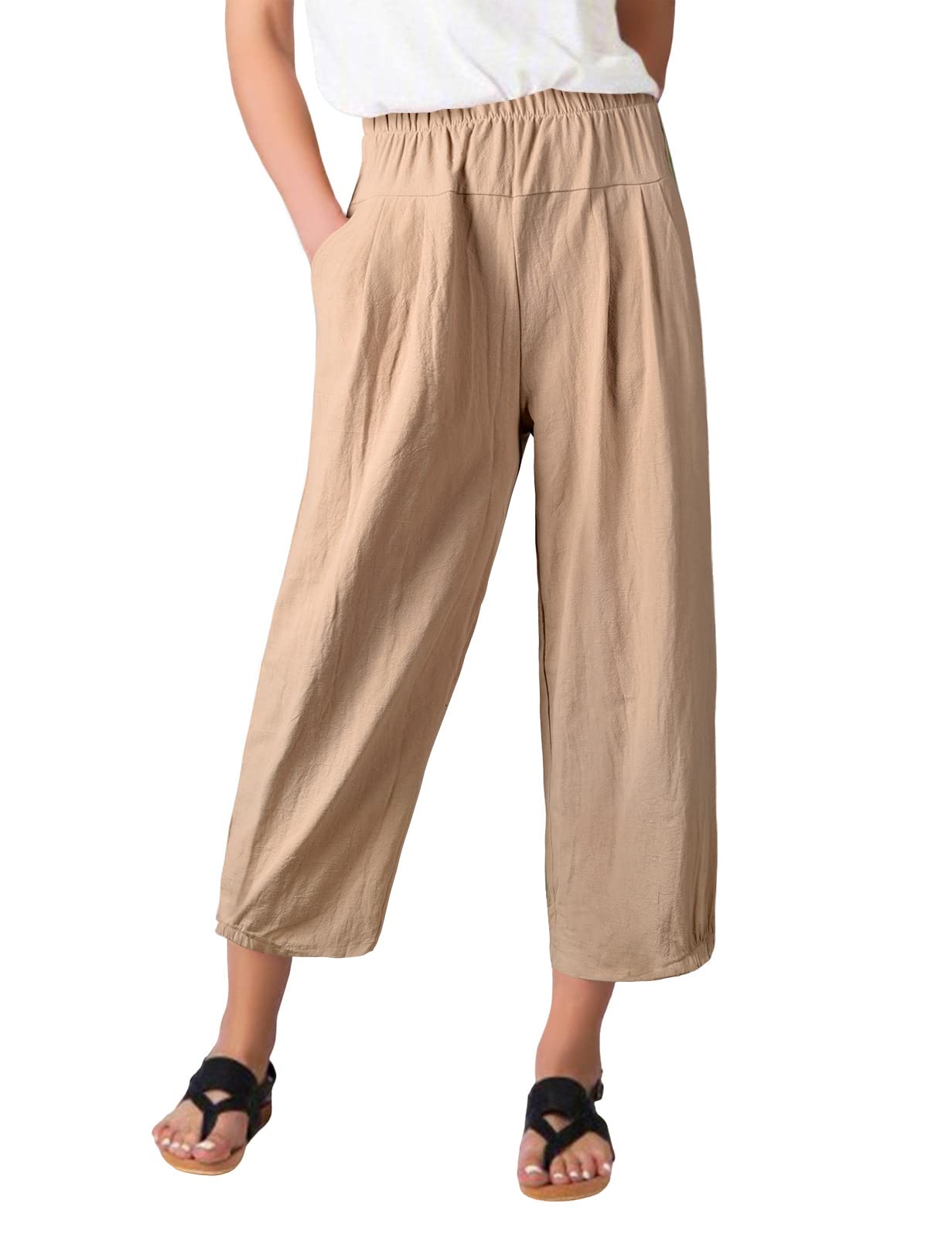 CUPSHE Pantaloni Donna A Vita Alta Elasticizzati, Gamba Larga In Cotone E Lino, Modello Palazzo, Per Spiaggia E Estate, Morbidi